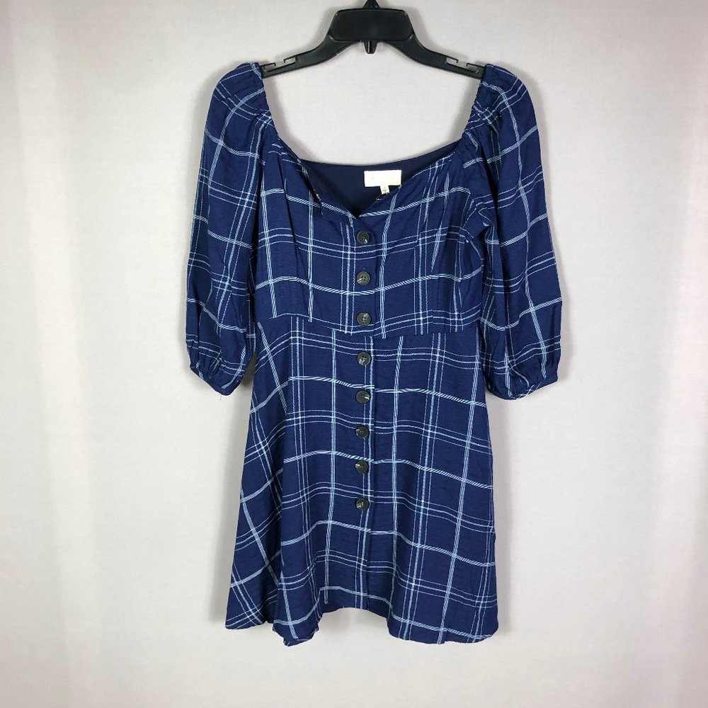 Melloday Women's Blue Plaid Button Up Babydoll Dress Size Small